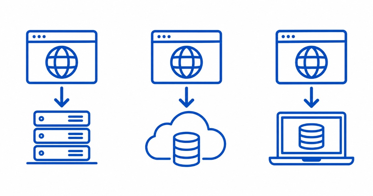 Tři ikony zálohování webu na server, do cloudu a na notebook s propojujícími šipkami